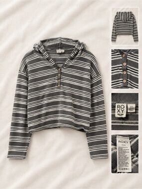Roxy Striped Hooded Henley in Gray and White